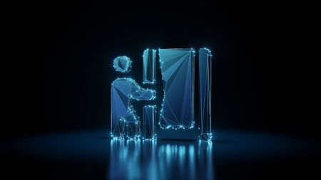 3d rendering wireframe digital techno neon glowing symbol of person and cabin with curtain with...
