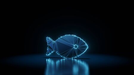 3d rendering wireframe digital techno neon glowing symbol of fish from profile with shining dots on...