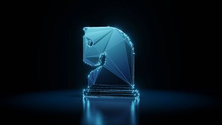 3d rendering wireframe digital techno neon glowing symbol of chess knight figure with shining dots...