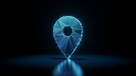 3d rendering wireframe digital techno neon glowing symbol of placeholder with shining dots on black background with blured reflection on floorの写真素材