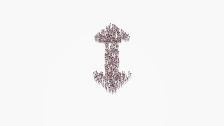 3d rendering of crowd of different people in shape of symbol of double side vertical arrow on white background isolatedの写真素材