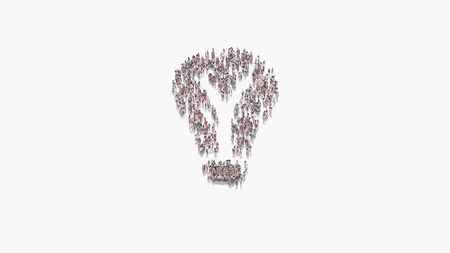 3d rendering of crowd of different people in shape of symbol of light bulb on white background isolatedの写真素材