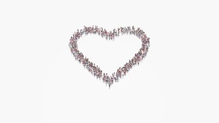 3d rendering of crowd of different people in shape of symbol of heart on white background isolatedの写真素材