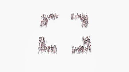 3d rendering of crowd of different people in shape of symbol of expand frame marks on white background isolatedの写真素材