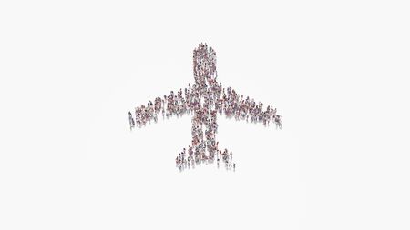 3d rendering of crowd of different people in shape of symbol of plane from top view on white...