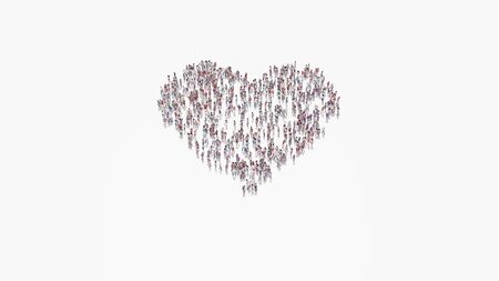 3d rendering of crowd of different people in shape of symbol of heart silhouette on white background isolatedの写真素材