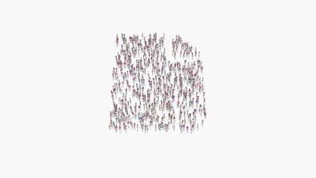 3d rendering of crowd of different people in shape of symbol of piece of paper with bent corner on white background isolatedの写真素材