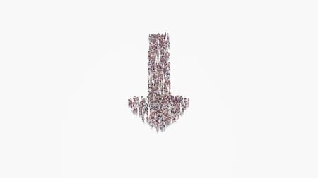 3d rendering of crowd of different people in shape of symbol of long down arrow on white background isolatedの写真素材