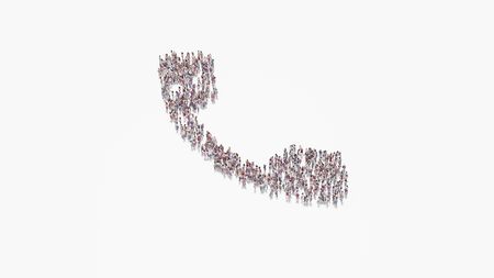 3d rendering of crowd of different people in shape of symbol of phone call button on white...