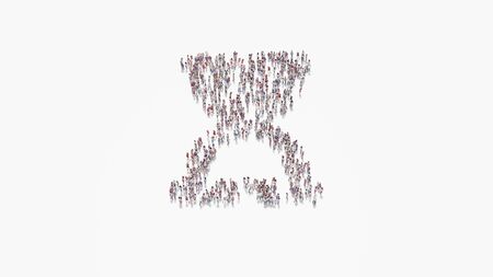 3d rendering of crowd of different people in shape of symbol of hourglass in start phase on white background isolatedの写真素材