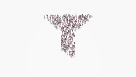 3d rendering of crowd of different people in shape of symbol of filtering funnel on white background isolatedの写真素材
