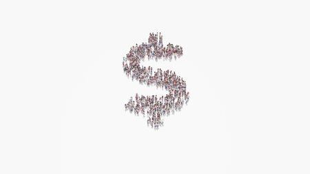 3d rendering of crowd of different people in shape of symbol of dollar sign on white background...