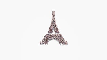 3d rendering of crowd of different people in shape of symbol of Eiffel tower on white background isolatedの写真素材