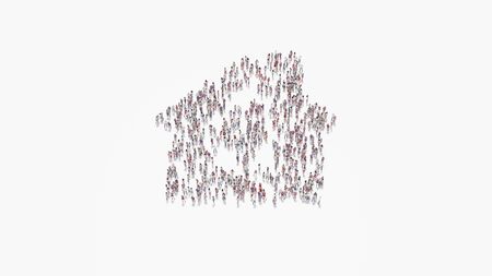 3d rendering of crowd of different people in shape of symbol of house with windows and chimney on white background isolatedの写真素材