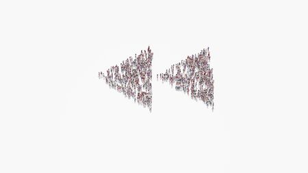 3d rendering of crowd of different people in shape of symbol of double fast backward left triangle arrows on white background isolatedの写真素材
