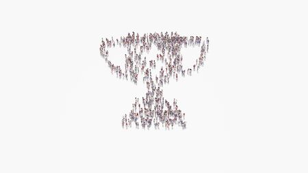 3d rendering of crowd of different people in shape of symbol of award cup with dollar sign on white background isolatedの写真素材
