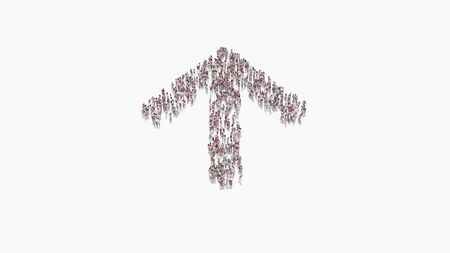 3d rendering of crowd of different people in shape of symbol of simple up open arrow on white background isolatedの写真素材