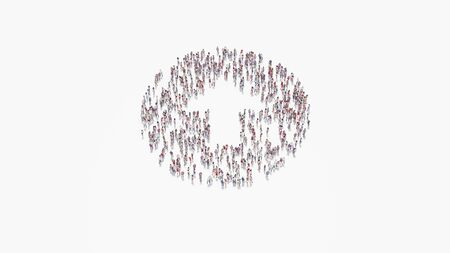 3d rendering of crowd of different people in shape of symbol of close up rounded arrow in circle on white background isolatedの写真素材