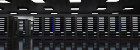 Internet data center room with server and network device in rack cabinet, cloud data storage,...