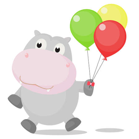 Happy Hippopotamus with Colorful Balloon.Funny Smile Animal.のイラスト素材