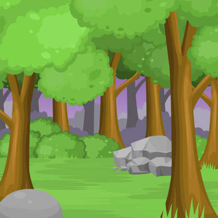 Forest Background with Big Trees,Stone and Grass.Vector Illustration.のイラスト素材