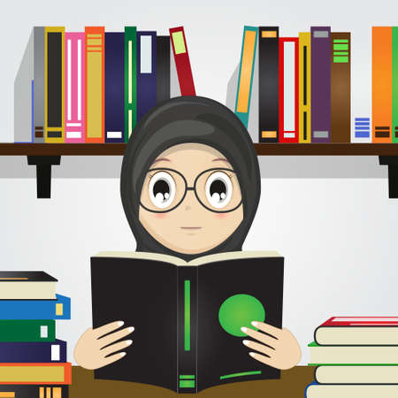 Cartoon of Muslim Girl Reading a Book.Vector Illustration.のイラスト素材
