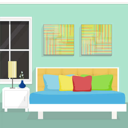 Bedroom Interior with Window, Table and Wall Painting.Flat Style Vector Illustration.のイラスト素材