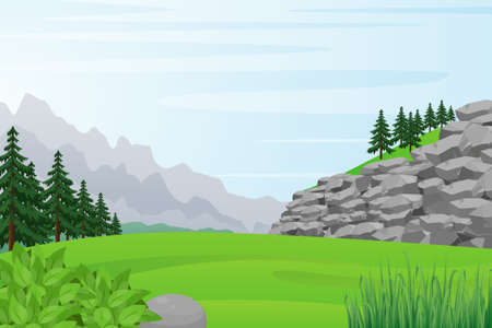 Illustration of Rocky Hill, Field, Forest and Mountains View.Vector illustration.のイラスト素材