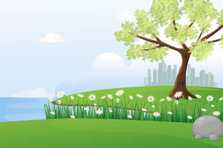 Beautiful view of riverside.Lakeside scenery illustration.のイラスト素材