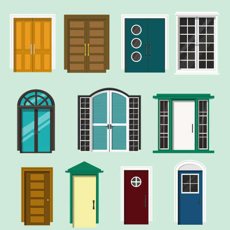 Various front door design for houses and building.Set of colorful isolated doors.Flat style vector illustratorのイラスト素材