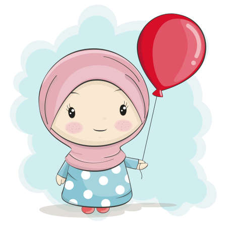 A Cute Muslim Girl Cartoon with Red Balloon.Vector Illustrationのイラスト素材