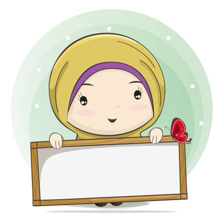 Cute Cartoon of a Muslim Girl Holding a Board for Text Space.Vector Illustration.のイラスト素材