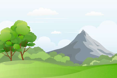 Green meadow scenery with mountain on the background.のイラスト素材
