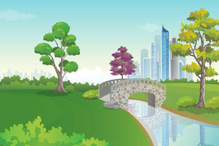 Scenery of beautiful park with skyscrapers view on background, city park vector illustration.のイラスト素材