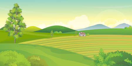 Green farm field scenery with mountains and hills on background, countryside landscape vector illustration.のイラスト素材
