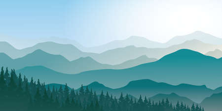 Tranquil mountain range scenery landscape with pines forest, foggy morning vector illustration.のイラスト素材