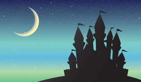 Castle on the night scenery with crescent moon on the sky, vector illustration.