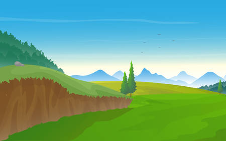 Nature landscape, green meadow and hills with row of mountains on the horizon.のイラスト素材