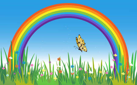 Beautiful Rainbow Scenery with Grass, Flowers and Butterfly.のイラスト素材