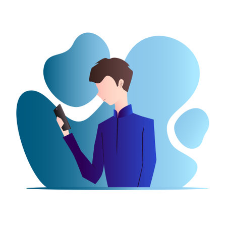 Young man holding a smartphone, texting and making calls. Cartoon character illustration with his gadget.のイラスト素材