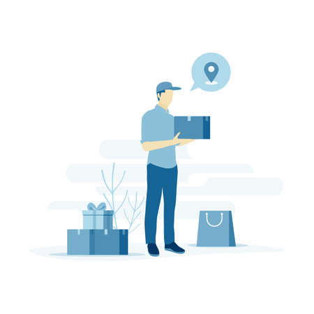 A courier man with boxes and bag for shipment in flat style design.のイラスト素材