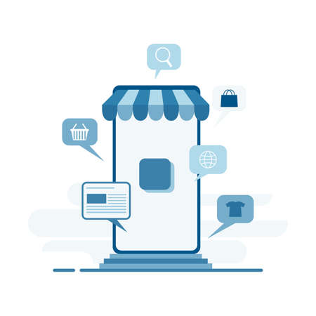 Online shopping concept with bubbles speech of goods flying around smartphone.のイラスト素材
