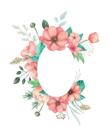 Watercolor flowers illlustration for wedding invitation with coral anemones, buds and green leaves. Flower frame with white background, decorative design element.のイラスト素材