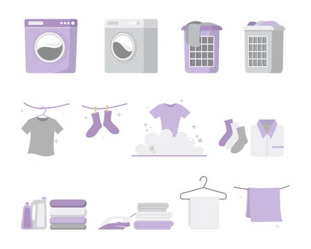 Set of laundry icons, clothes, washing machine, dryer, iron, clothes hanger and laundry basket vector illustration.のイラスト素材