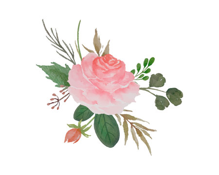 Watercolor flowers bouquet, floral arrangement with roses and green leaves illustration.のイラスト素材