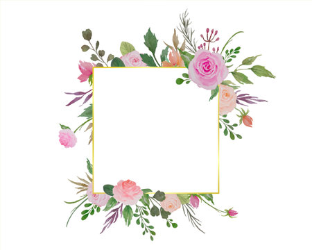 Watercolor floral border, flowers frame with roses and green leaves illustration.のイラスト素材
