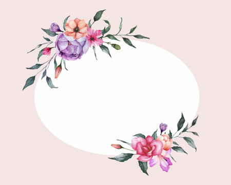 Watercolor flowers frame with colorful vintage flowers and green leaves illustration.のイラスト素材