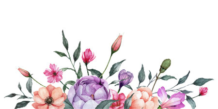 Watercolor flowers border with colorful vintage flowers and green leaves illustration.のイラスト素材