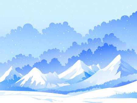 Winter landscape background with snow-capped mountains. Vector illustration.のイラスト素材