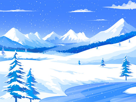 Winter background with snowy mountains and coniferous forest. Vector illustration.のイラスト素材